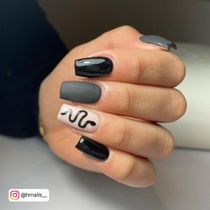 Square Black Nails With Snake On Ring Finger