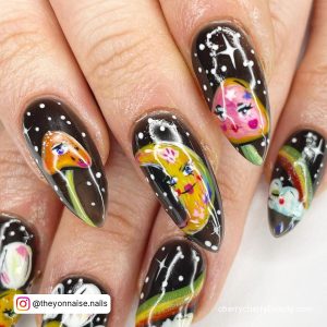 Stiletto Black Nails With Moons And Rainbows