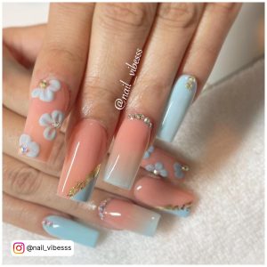 Summer Light Blue Nails With Flowers And Diamonds