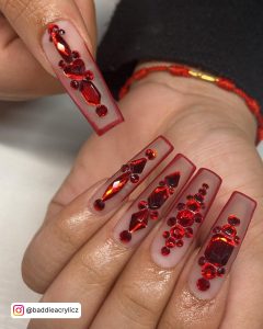 V French Tip Coffin Nails With Rhinestones