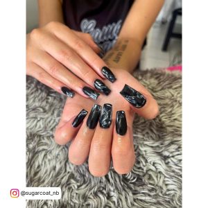 Water Marble Nails Black And White In Coffin Shape