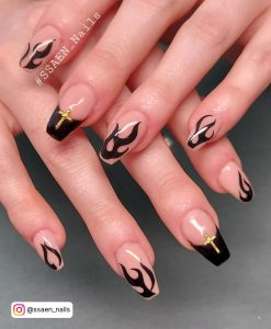 Wblack Nails With Flames With Gold Cross
