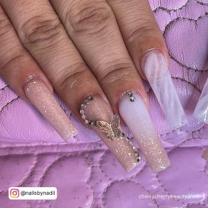 White Acrylic Nails With Butterfly