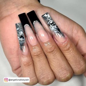 White And Black Marble Nails For Extra Long Length