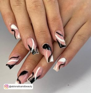 White And Black Swirl Nails In Coffin Shape