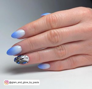 White And Blue Ombre Nails With Butterflies