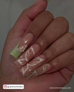 White And Green Butterfly Design Acrylic Nails