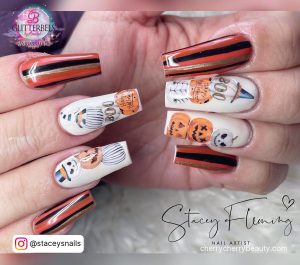 White Black And Orange Nails With Pumpkins