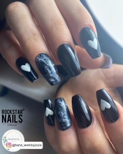 White Black Marble Nails With Hearts
