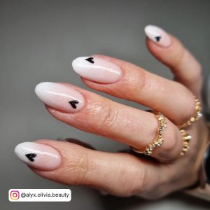 White Nails With Black Heart With Ombre