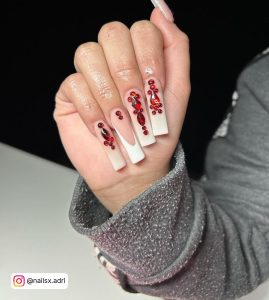 White Nails With Red Rhinestones