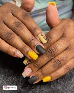Yellow And Black Nails Coffin With Matte Finish