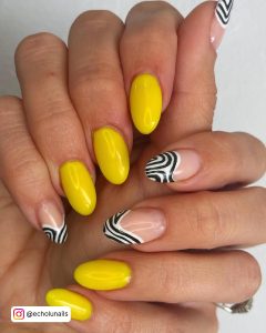 Yellow Black And White Nail Designs With Spirals On Tips