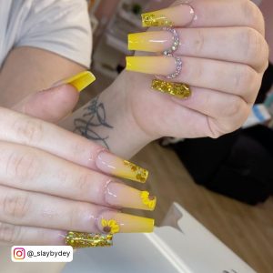 Yellow Coffin Nails With Glitter