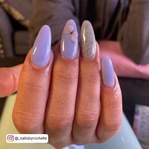 Almond Shaped Nails Short White With Purple Ring Finger