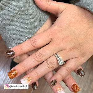 Brown And Orange Glitter Nails