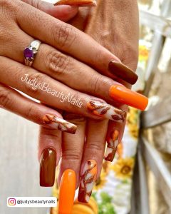 Brown Orange And Gold Nails
