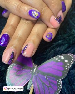 Clear Nails With Purple Butterflies