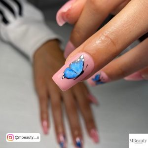 Coffin Blue Butterfly Nails