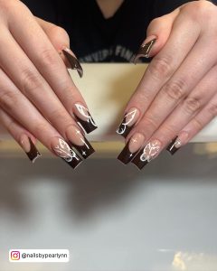 Coffin Brown French Tip Nails