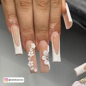 French Tip Coffin Nails With Glitter