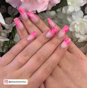 Long Square Pink And White Ombre Nails