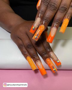 Neon Orange Nails With Glitter