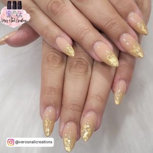 Nude And Gold Coffin Nails