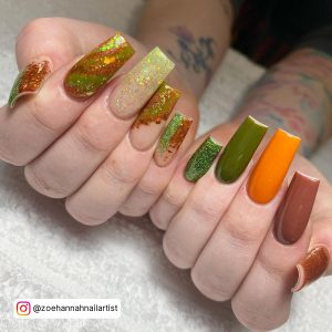 Olive Green And Orange Nails