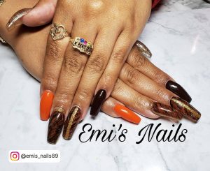 Orange Brown And Gold Nails