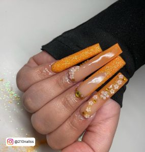 Orange Nails With Glitter