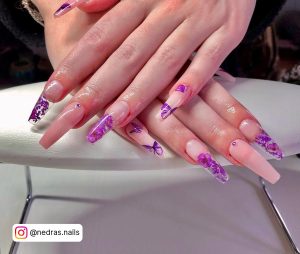 Purple Coffin Nails With Butterflies
