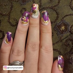 Purple Nails With Gold Designs